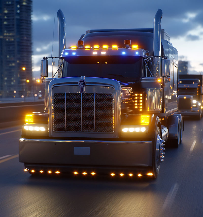 Semi truck fleet transporting cargo on highway at dusk